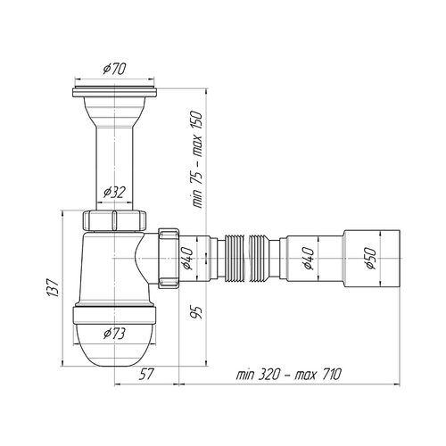 Сифон для раковины Ани Пласт 1 1/2"*40 с литым выпуском, с гибкой трубой 40*40/50 (C0515)