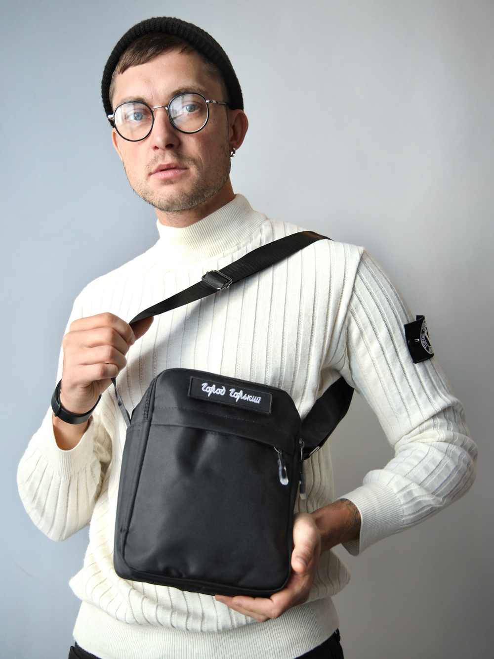 Поясная сумка Город Горький черная с шевроном липучкой квадратная