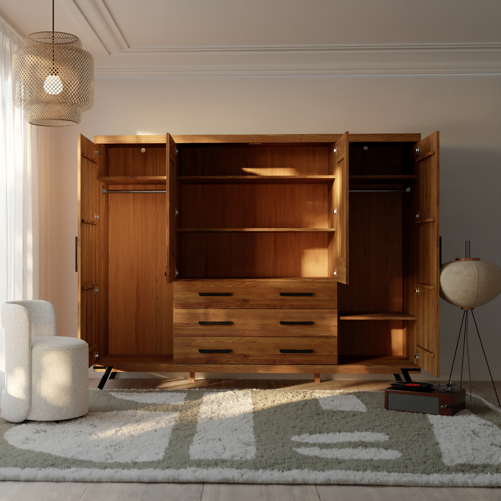 Шкаф для одежды 240х62х190, Флеверс, распашной для одежды, массив дуба, 4 двери 3 ящика, на металлических ножках, Dipriz