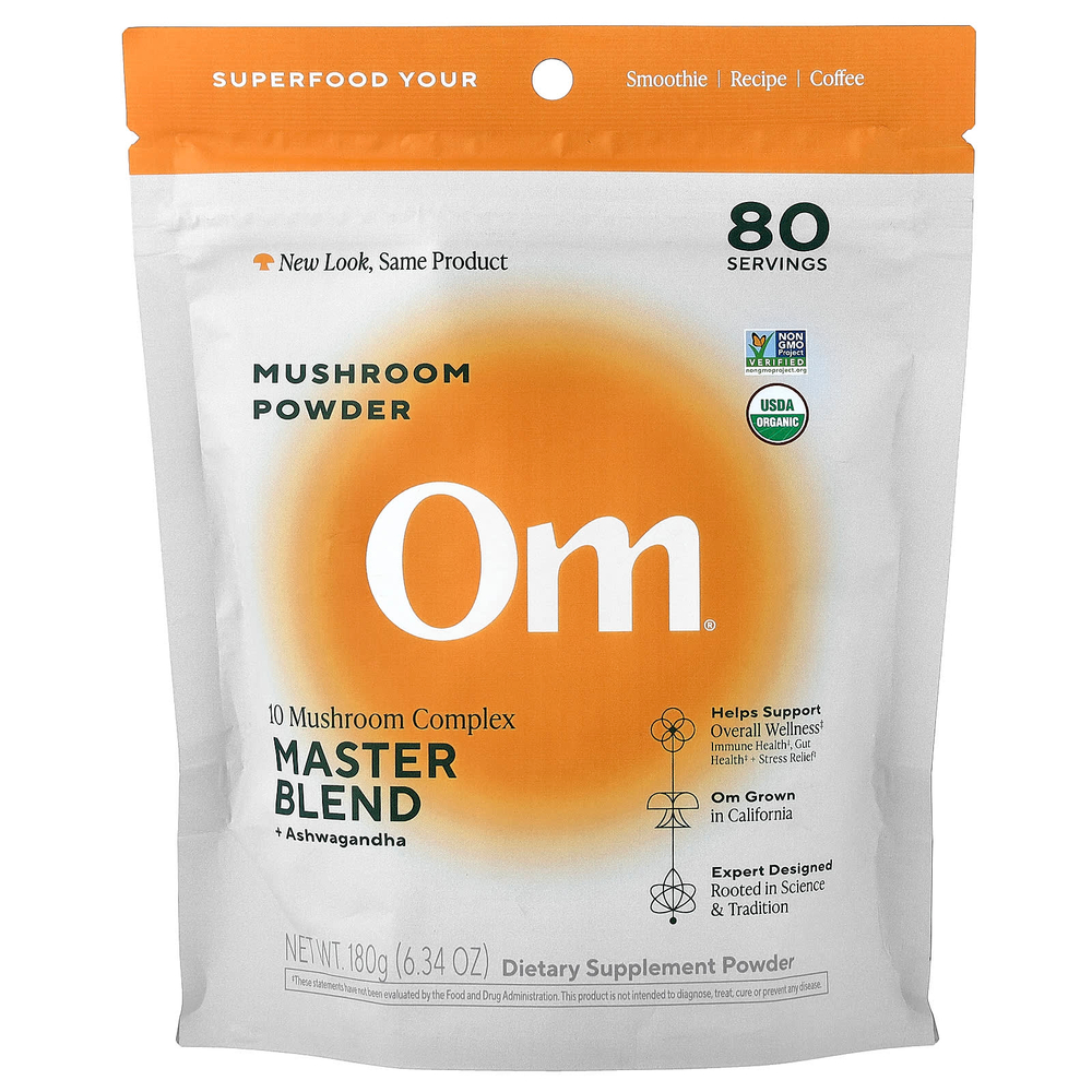 Om Mushrooms, грибной порошок, комплекс из 10 грибов, мастерская смесь + ашваганда, 180 г (6,34 унции)