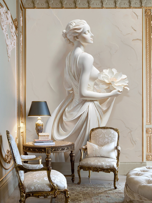 Объемные 3D Фотообои девушка и цветок из мрамора