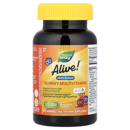 Nature's Way, Alive! ® Kids, жевательные мультивитамины без сахара, для детей от 2 лет, ягодно-цитрусовые, 40 жевательных таблеток
