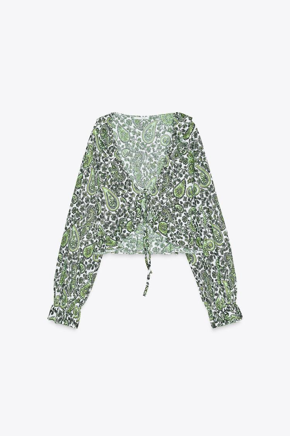 ZARA ТОП С ВОЛАНАМИ И V-ОБРАЗНЫМ ВЫРЕЗОМ, ОТТЕНКИ ЗЕЛЕНОГО