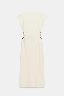 ZARA ТРИКОТАЖНОЕ ПЛАТЬЕ С ВЫРЕЗАМИ И БУСИНАМИ, ЭКРЮ