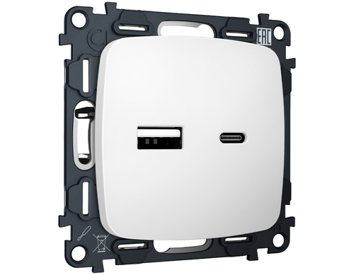 MO131010 Комплект механизма розетки OMEGA Белый матовый 2USB A+C 20W (быстрая зарядка) QUANT (OP1310, VM177)