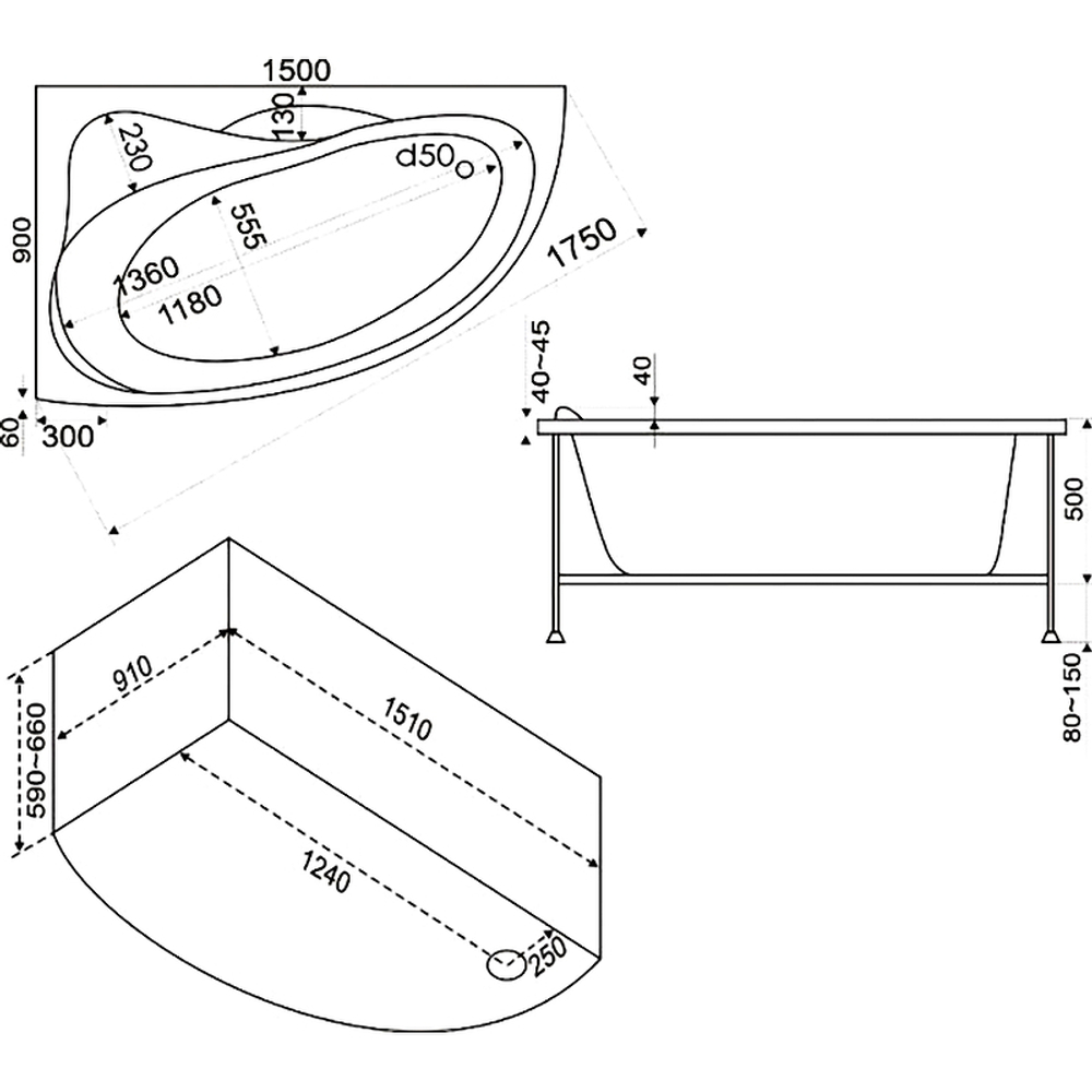 Акриловая ванна Bas (Бас) Вектра 150х90 L, с каркасом