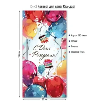 Конверт для денег стандарт С днем рождения Море шаров