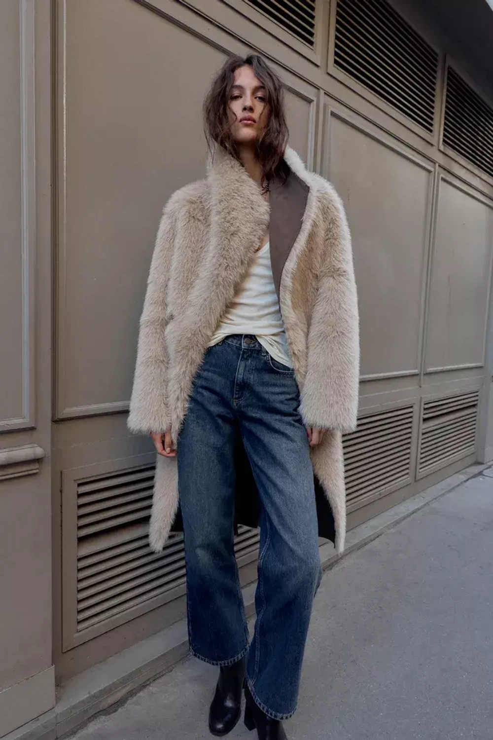 ZARA ДВУСТОРОННЕЕ ПАЛЬТО ИЗ ИСКУССТВЕННОГО МЕХА, СЕРО-КОРИЧНЕВЫЙ