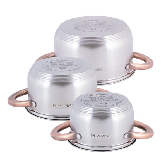 Набор кастрюль 6 предметов Kamille KM 4936 (1 л; 1,5 л; 2 л.) из нержавеющей стали с ручками под медь