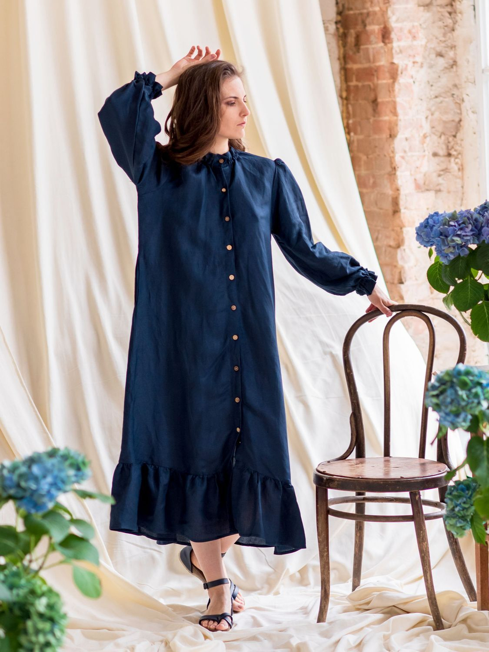 Льняное бохо платье (темно-синий)