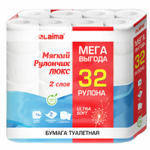 Бумага туалетная 2-х слойная Mega Pack (32 рулона по 15 метров) LAIMA LUXE 100% целлюлоза 115398  (4 штуки в упаковке)