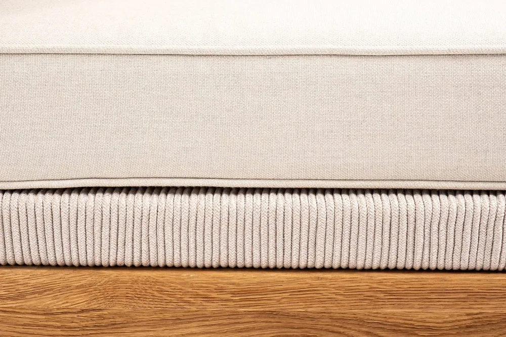 "Канны" угловой модуль плетеный из роупа, основание дуб, роуп бежевый круглый, ткань бежевая 052