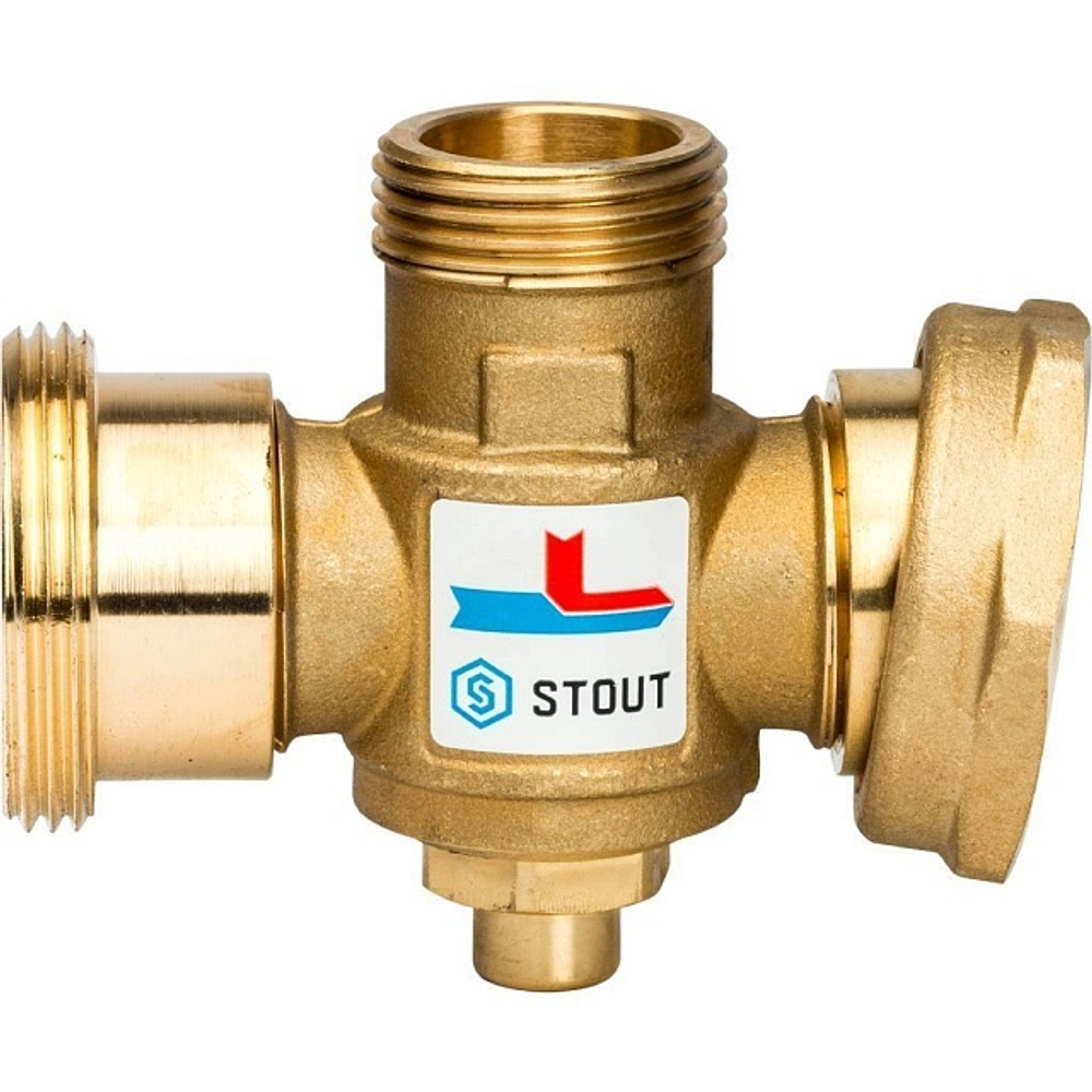STOUT Термостатический смесительный клапан для твердотопливных котлов 1 1/2" НР x 1" НР x 1 1/2" ВР 70°С KV 3,2