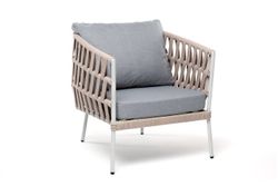 "Диего" кресло плетеное из роупа, каркас алюминий светло-серый (RAL7035) муар, роуп бежевый круглый, ткань светло-серая