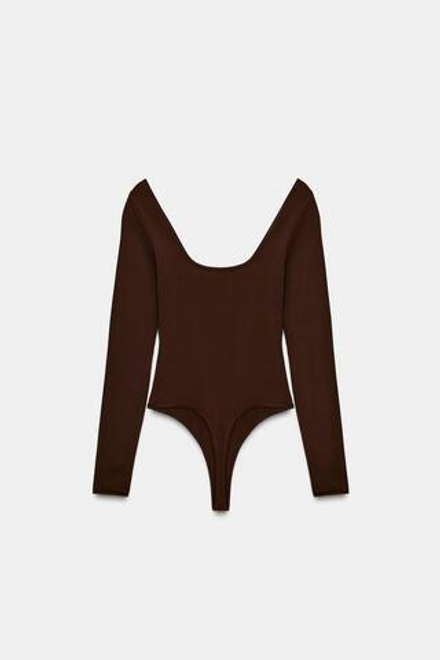 ZARA БОДИ ИЗ ПОЛИАМИДА С КВАДРАТНЫМ ВЫРЕЗОМ, ШОКОЛАДНЫЙ