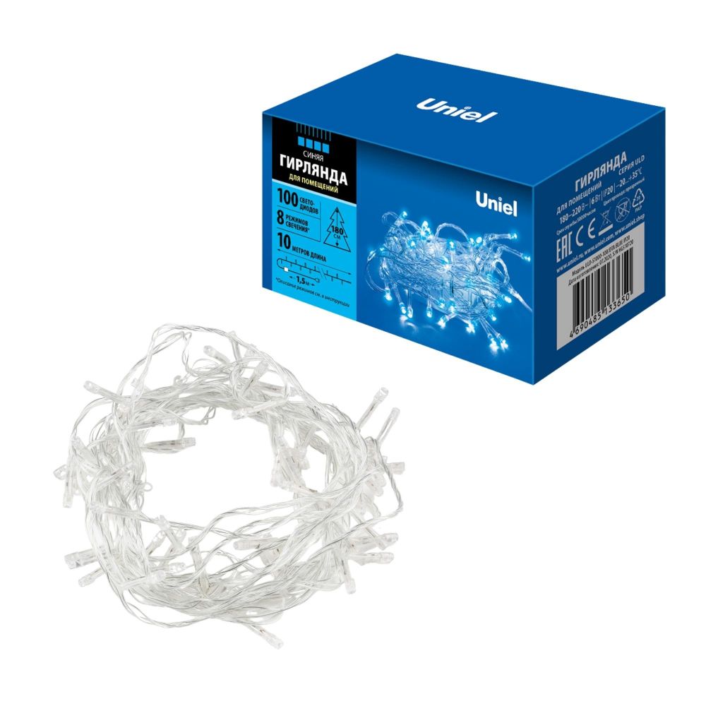 ULD-S1000-100-DTA BLUE IP20 Гирлянда светодиодная. 10м. 100 светодиодов. Синий свет. Провод прозрачный. ТМ Uniel