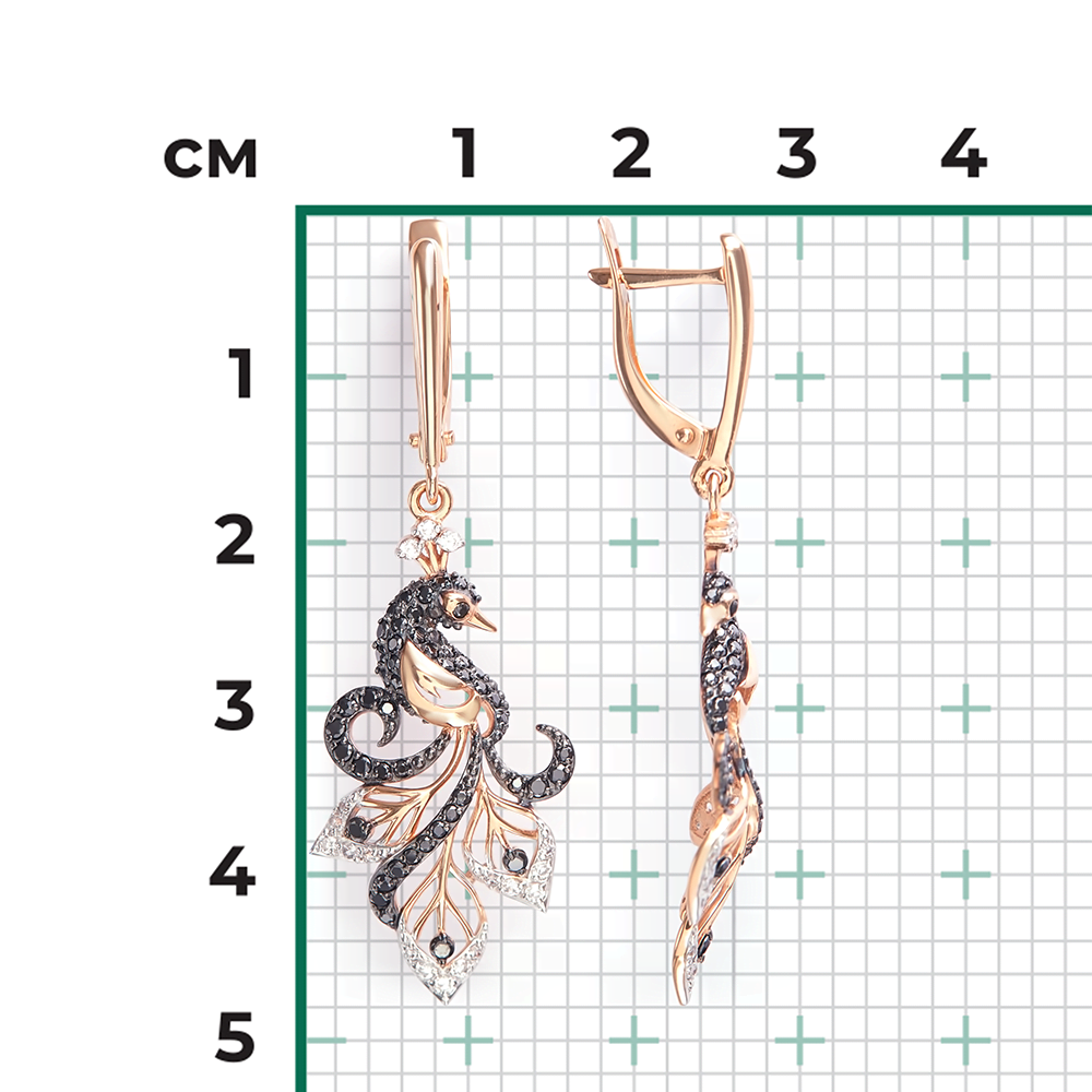 Серьги «Павлины» с английским замком из красного золота с фианитами