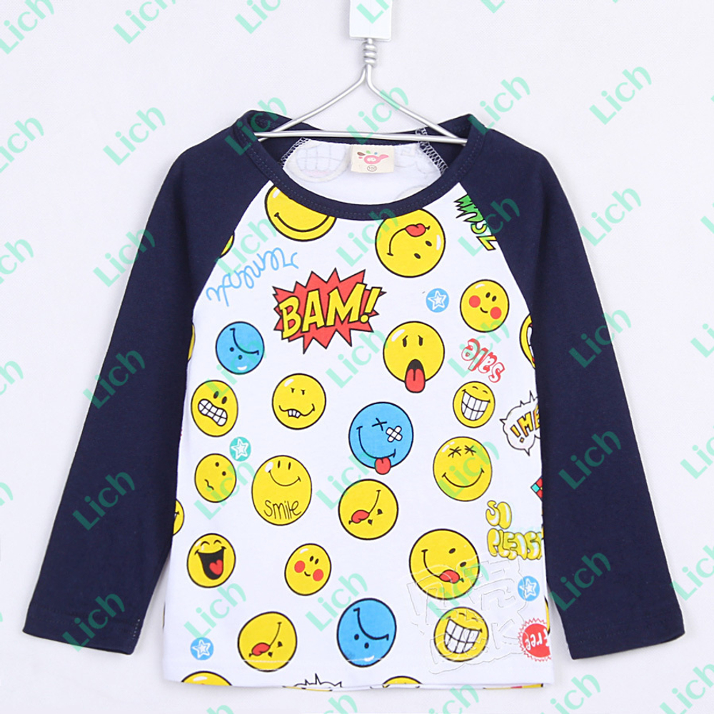 Лонгслив детский с контрастными рукавами и принтами смайлов