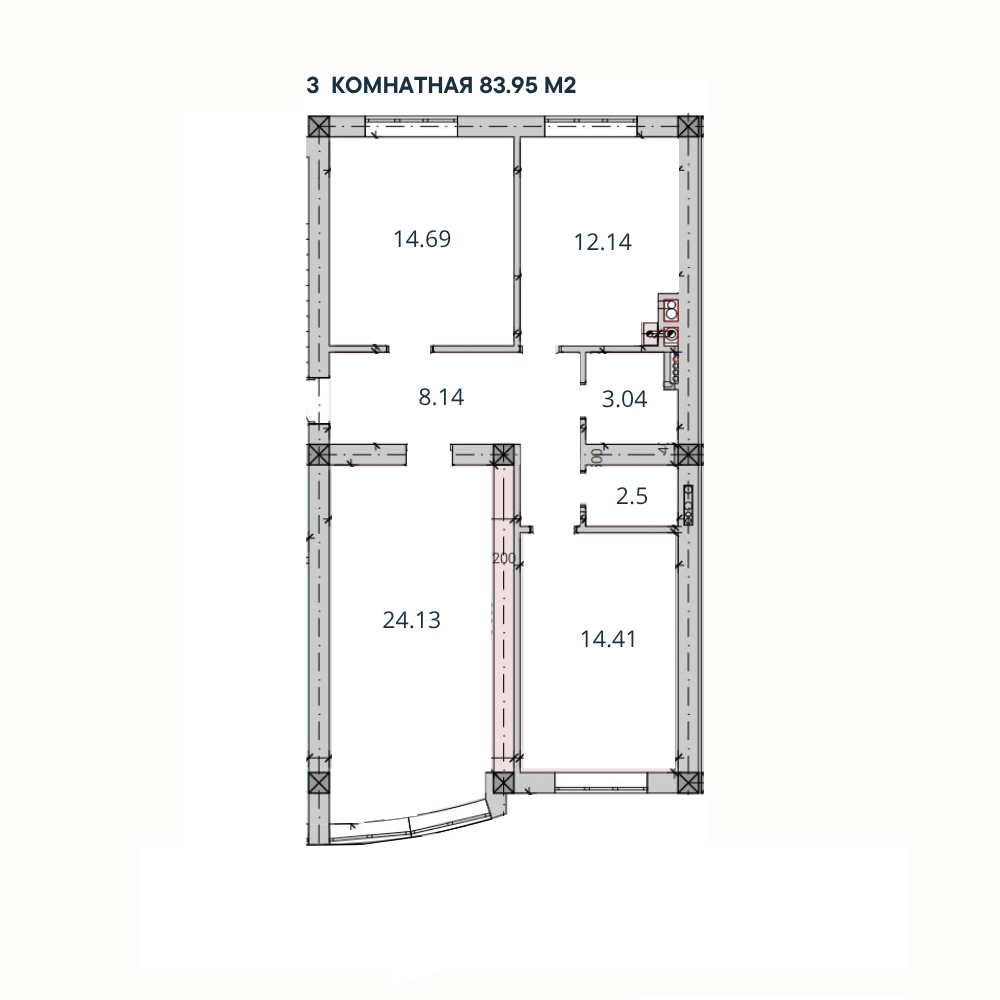 3-комн. квартира, 83,95 м²; 2,3 этаж 3-комн. квартира, 83,95 м²; 2,3 этаж