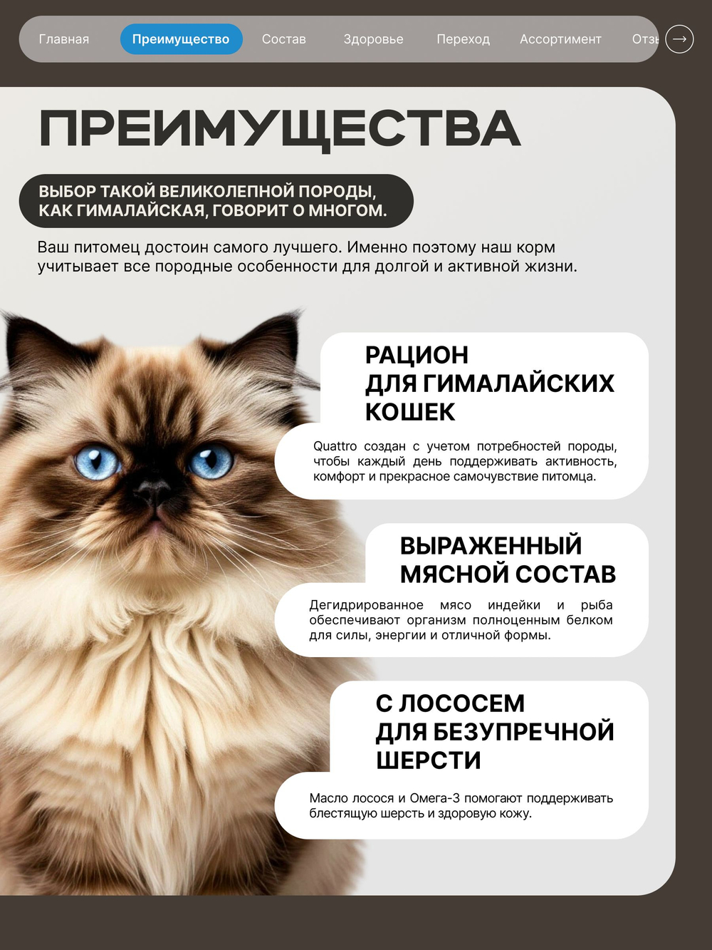 Корм сухой для взрослых кошек породы Гималайская, с лососем, 2 кг, QUATTRO