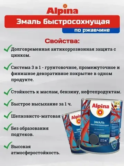 Эмаль по ржавчине и металлу быстросохнущая Alpina (Альпина) шелковисто-матовая, RAL 7024, Графит, 2.5 литра