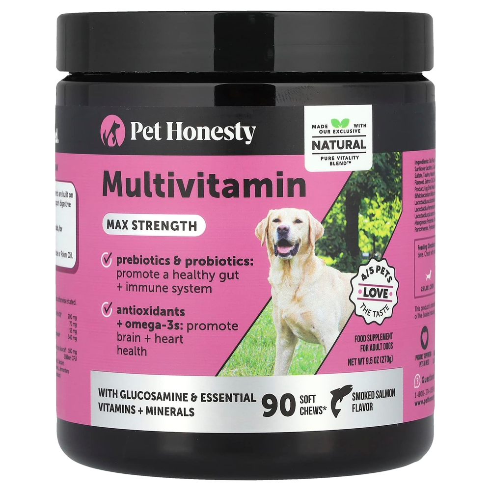 Pet Honesty, Мультивитамины, максимальная сила действия, для взрослых собак, с копченым лососем, 90 жевательных таблеток, 270 г (9,5 унции)