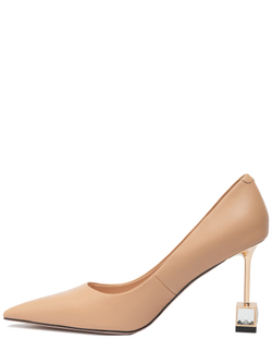 Женские туфли кожаные бежевые с квадратным каблуком