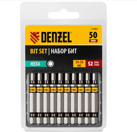 Набор бит HEX4, 50 мм, сталь S2, шестигранный профиль, 10 шт Denzel 11662