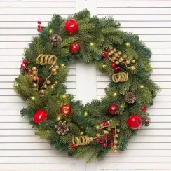 Рождественский венок Богемия с декором 60 см., 30 теплых-белых Led ламп, Литая хвоя+ПВХ, ЕлкиТорг (52034)
