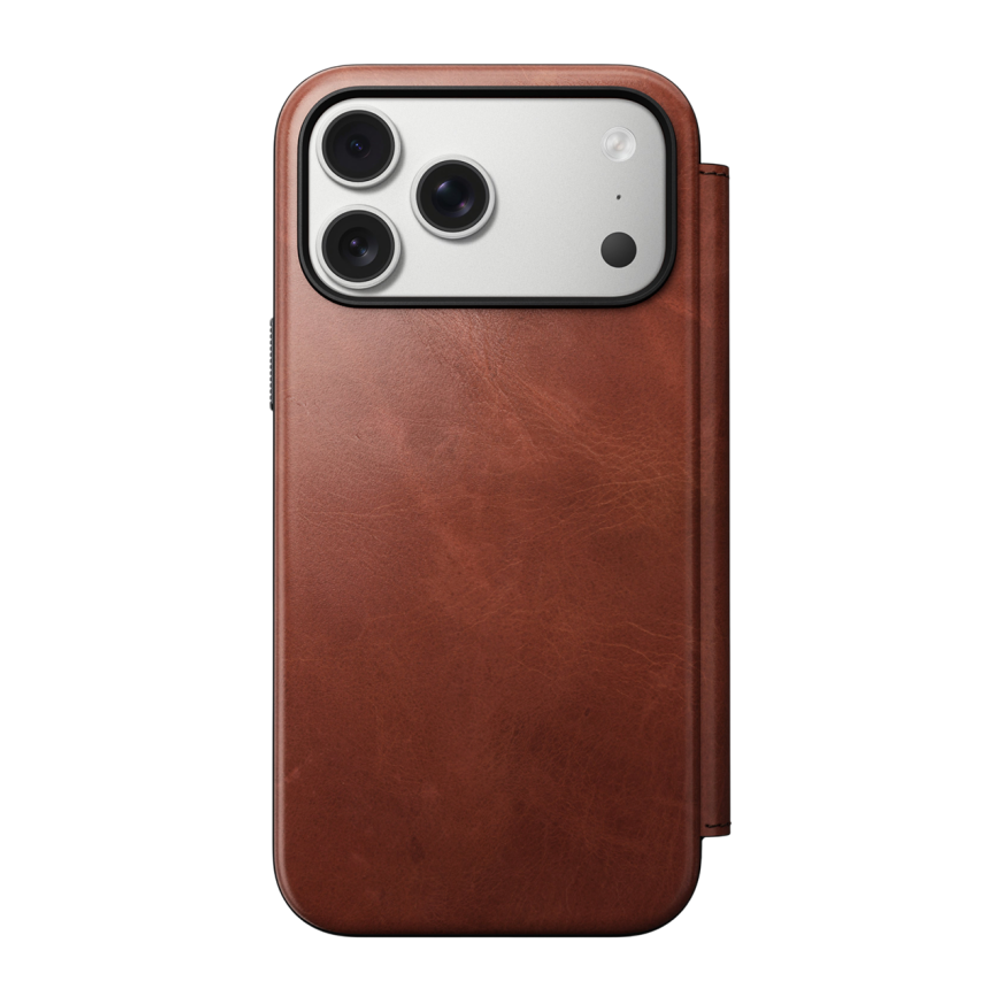 Кожаный чехол-книжка MagSafe Nomad Horween Modern Leather Folio Limited Edition для iPhone 17 Pro Max Гибридный укреплённый чехол из натуральной кожи Horween с сенсорной накладкой для Контроллера камеры. Есть отделение для купюр и встроенный картхолдер —