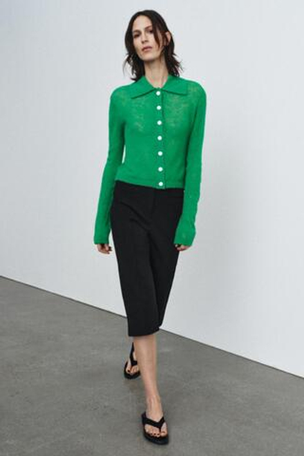 ZARA КАРДИГАН С ВОРОТНИКОМ ПОЛО, ЗЕЛЕНЫЙ