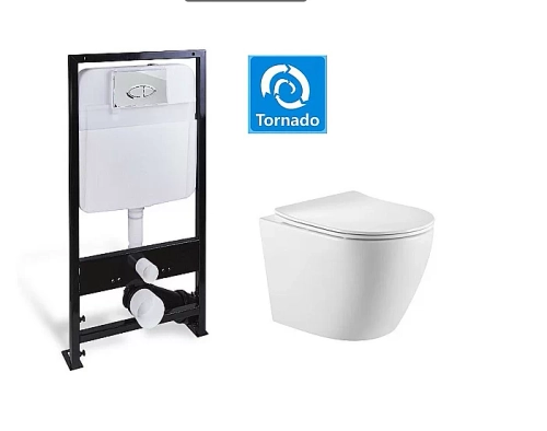Унитаз SantiLine SL-5025+SL-01 безободковый, слив торнадо, с инсталляцией с крышкой микролифт, белый/кнопка хром