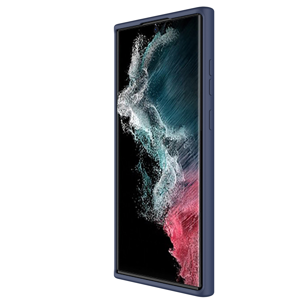 Чехол покрытый шелковистым силиконом синего цвета (Midnight Blue) от Nillkin для Samsung Galaxy S22 Ultra, серия CamShield Silky Silicone