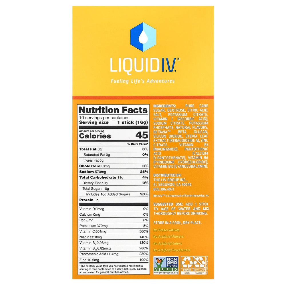 Liquid I.V., смесь для приготовления напитка, способствующего гидратации и поддержке иммунитета, мандарин, 10 пакетиков в упаковке, по 16 г (0,56 унции)
