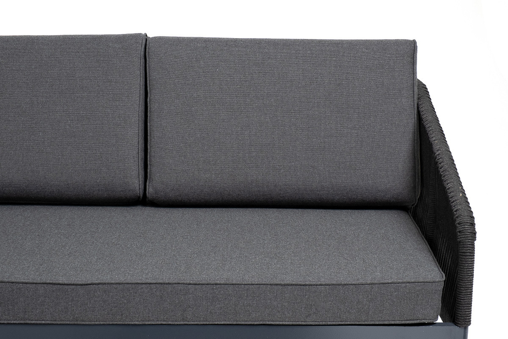 "Канны" диван модульный плетеный из роупа, каркас алюминий темно-серый (RAL7024), роуп темно-серый круглый, ткань темно-серая