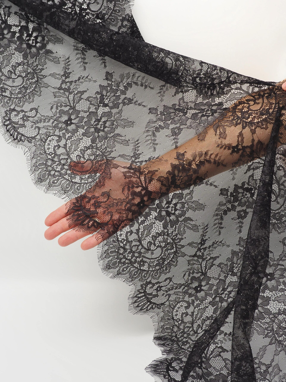 Кружево шантильи черное неэластичное ширина 45 см КУПОН 3 м