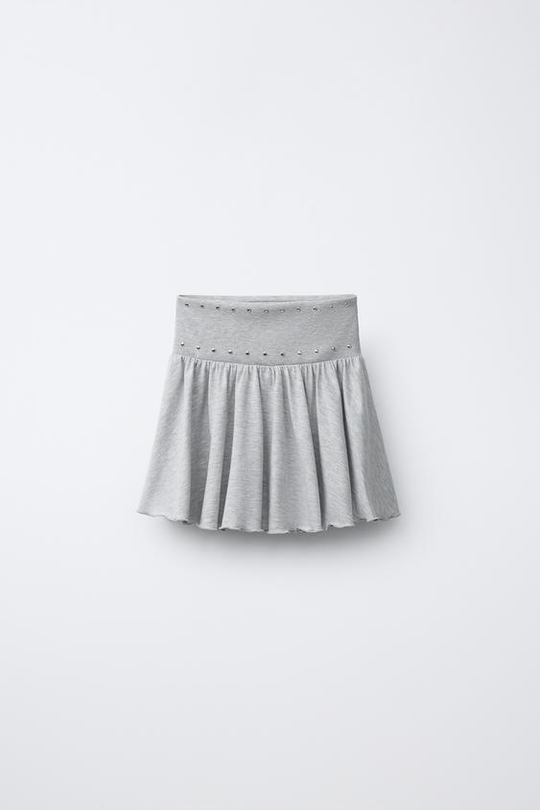 ZARA ЮБКА С ЗАКЛЕПКАМИ И ВОЛАНАМИ, СЕРЫЙ МЕЛАНЖ