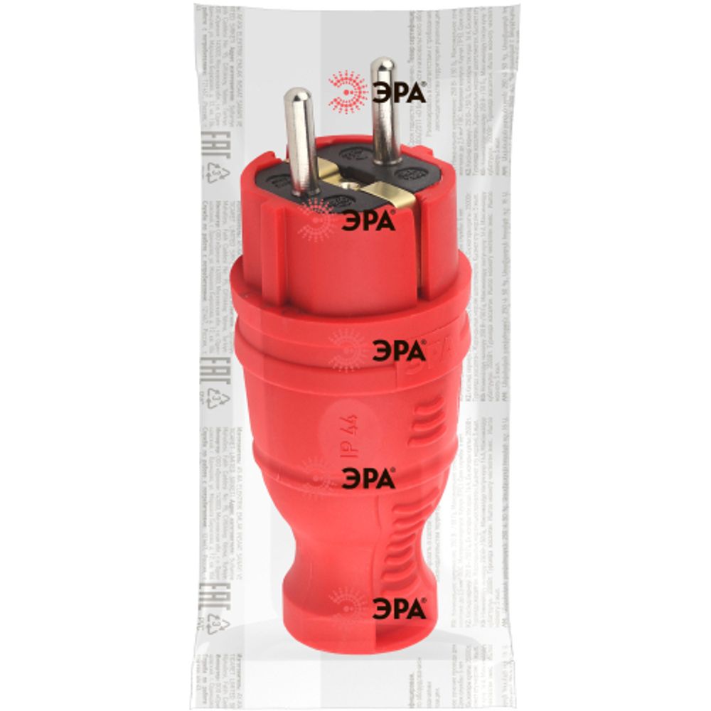 Вилка ЭРА V8-RED-IP44 каучуковая с заземлением прямая 16A IP44 красная | Штепсельные вилки и розетки