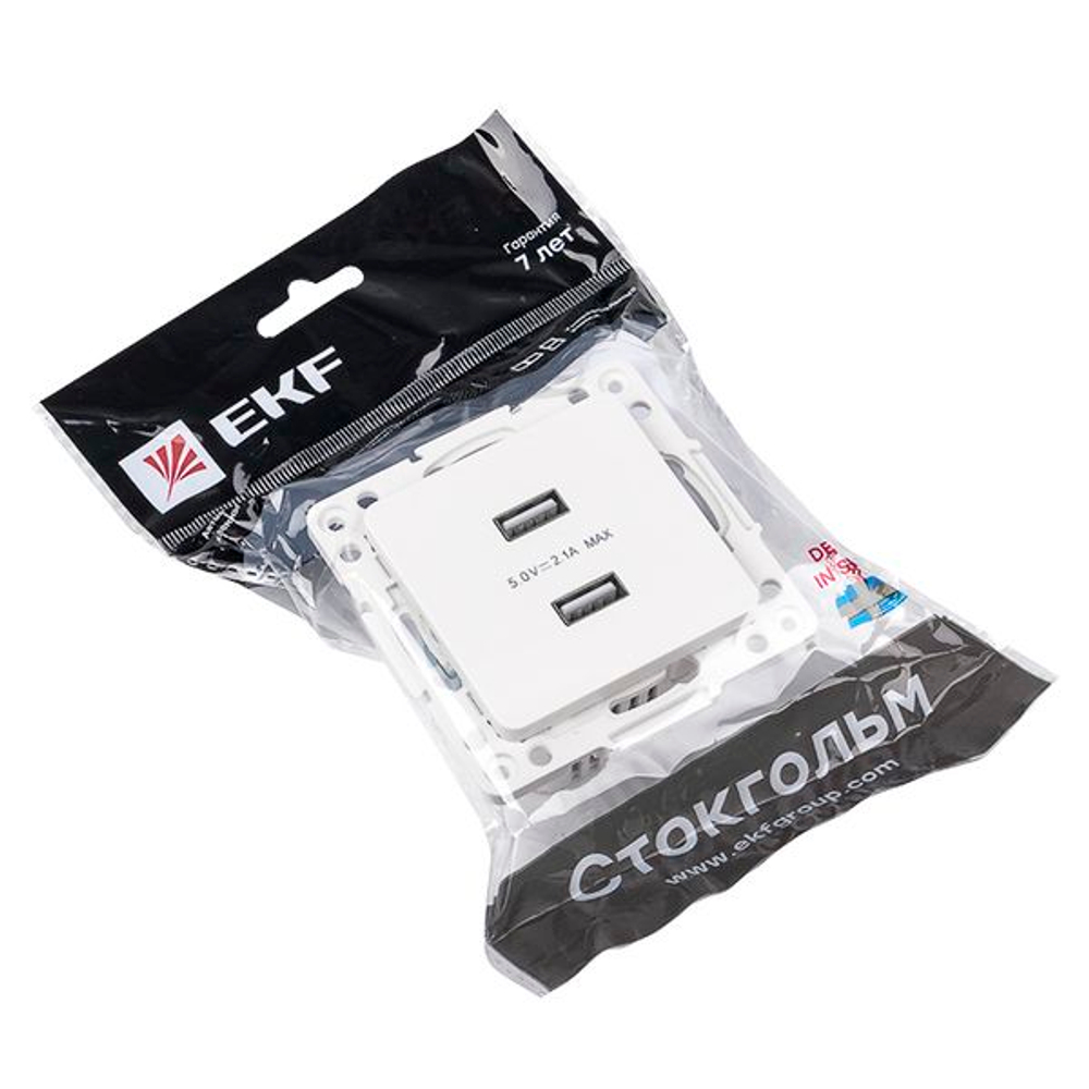 Стокгольм Механизм Розетки USB 2-местной 2,1А винтовые клеммы белый EKF PROxima