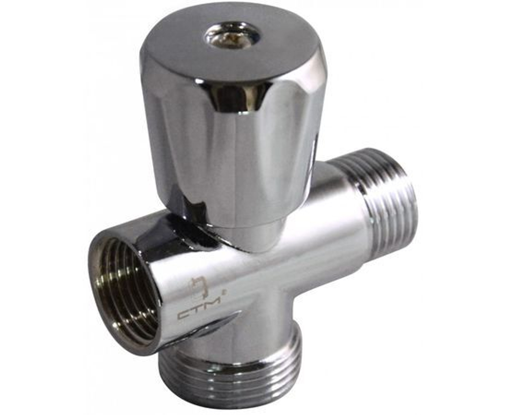 Вентиль трехпроходной СTM 1/2"х1/2"х3/4" штуцер-штуцер-гайка, маховик, хром.