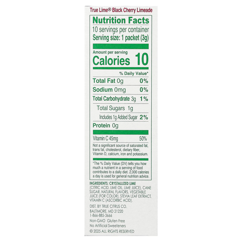 True Citrus, True Lime®, лаймад, со вкусом черешни, 10 пакетиков по 3 г (0,11 унции)
