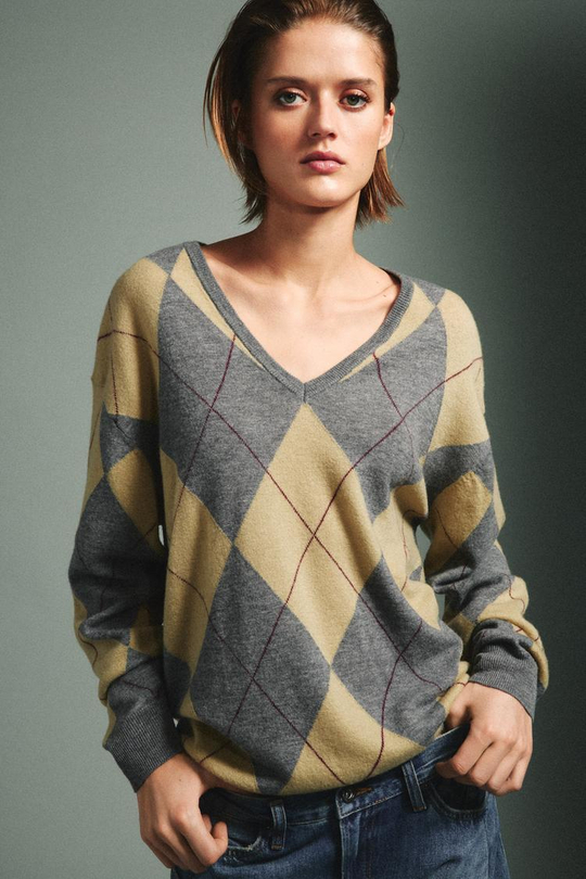 ZARA СВИТЕР ИЗ 100% ШЕРСТИ С УЗОРОМ «РОМБЫ», ЗЕЛЕНЫЙ/СЕРЫЙ