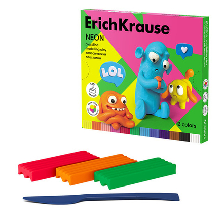Пластилин 12цв 216гр. Erich Krause Jolly Friends Neon  со стеком