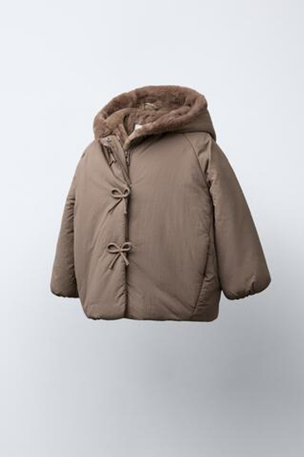 ZARA НЕПРОМОКАЕМОЕ СТЕГАНОЕ ПАЛЬТО С БАНТАМИ, СЕРОВАТО-КОРИЧНЕВЫЙ