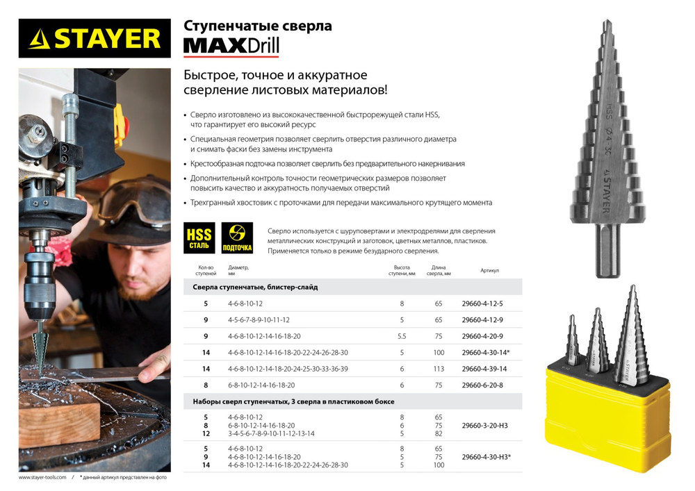 STAYER 3 шт, 3-20 мм, сталь HSS, набор ступенчатых сверл (29660-3-20-H3)