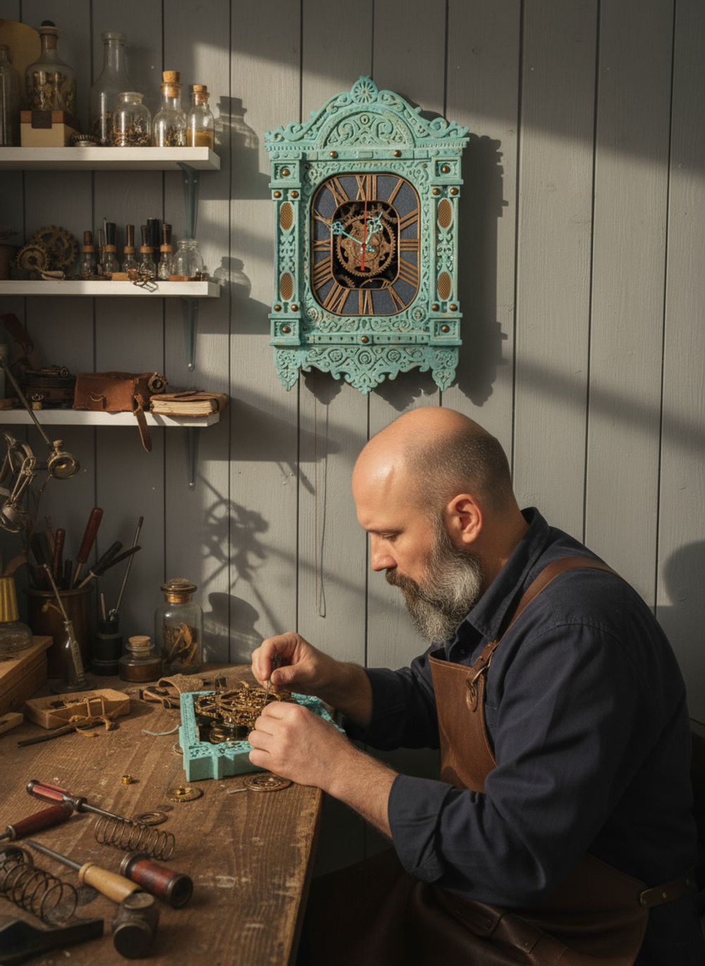 Мастер WOODandROOT работает за столом в мастерской, а мятные резные часы-наличник на стене создают тихую атмосферу северного ремесла.