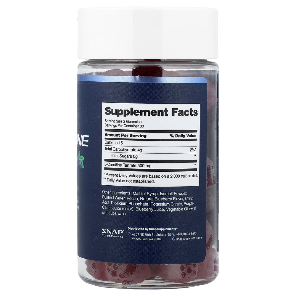 Snap Supplements, L-карнитин, жевательные таблетки, со вкусом голубики, без сахара, 60 жевательных таблеток (250 мг в 1 жевательной таблетке)