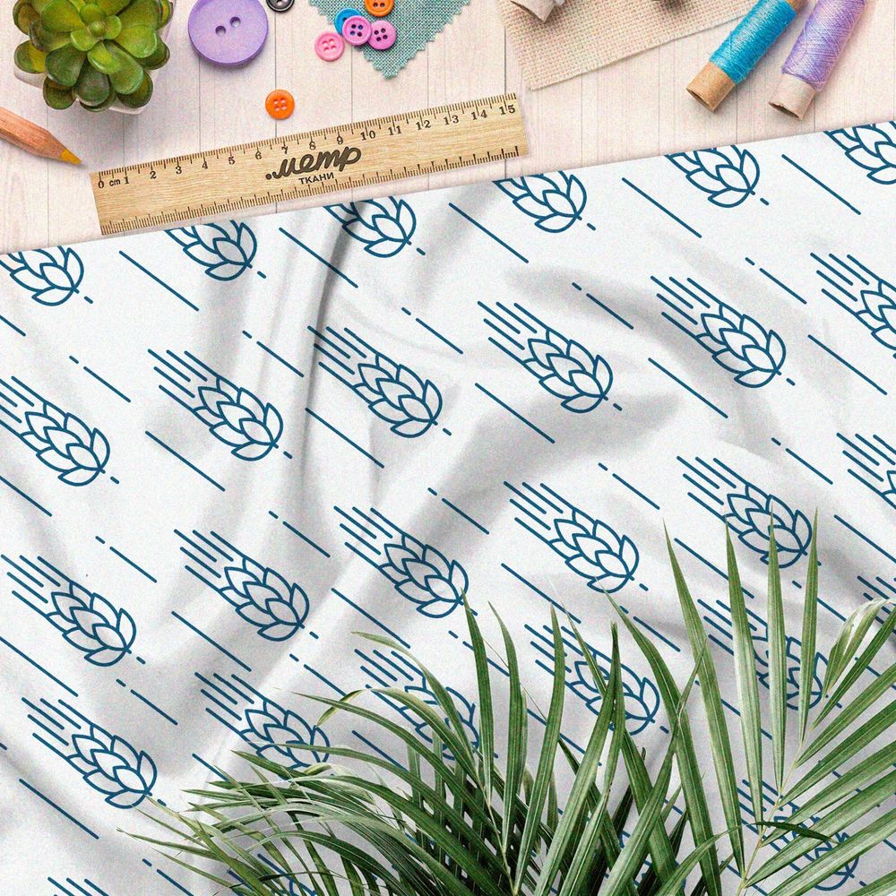 Ткань футер 2-х нитка падающие голубые злаки на белом фоне