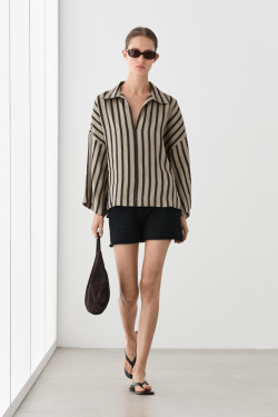 Massimo Dutti Блуза оверсайз в полоску из смесового льна, песочный