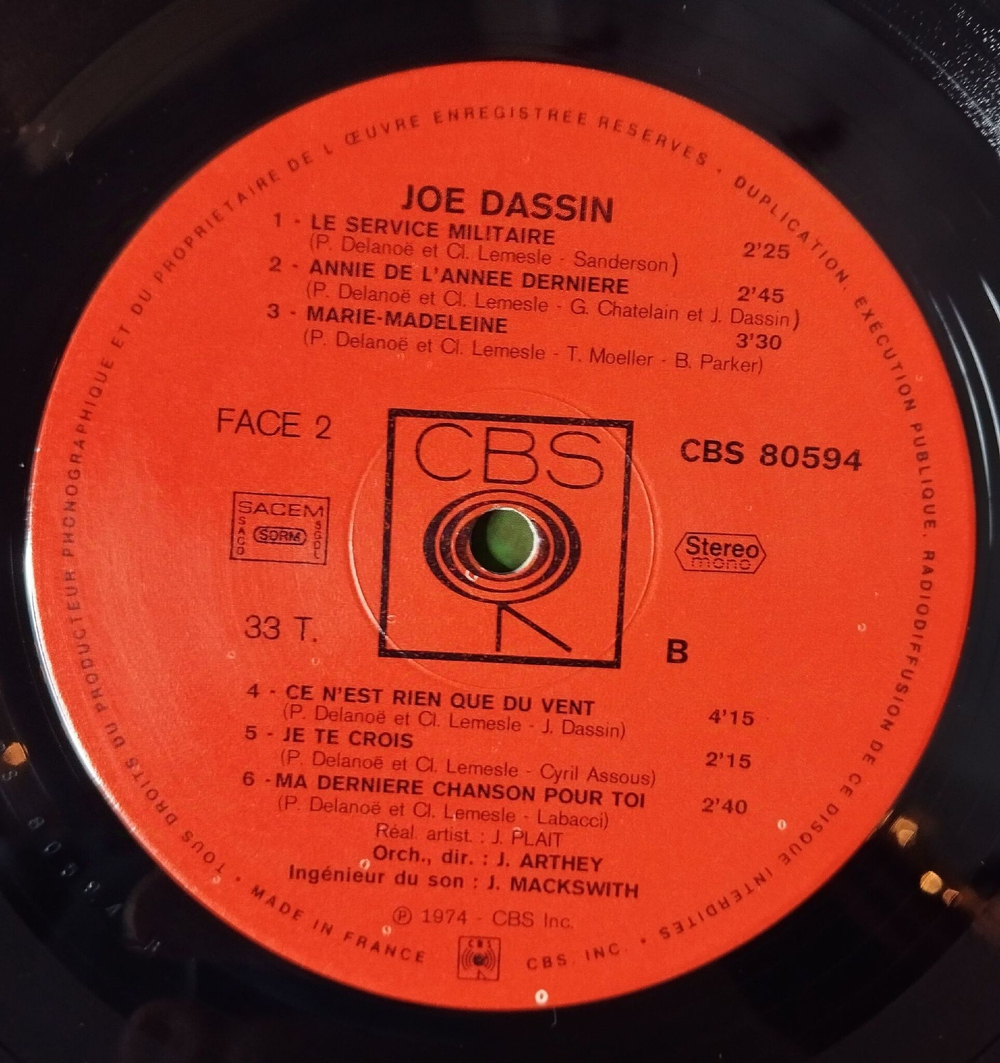 Винтажная виниловая пластинка LP Joe Dassin (France 1974) Entre Deux Adieux
